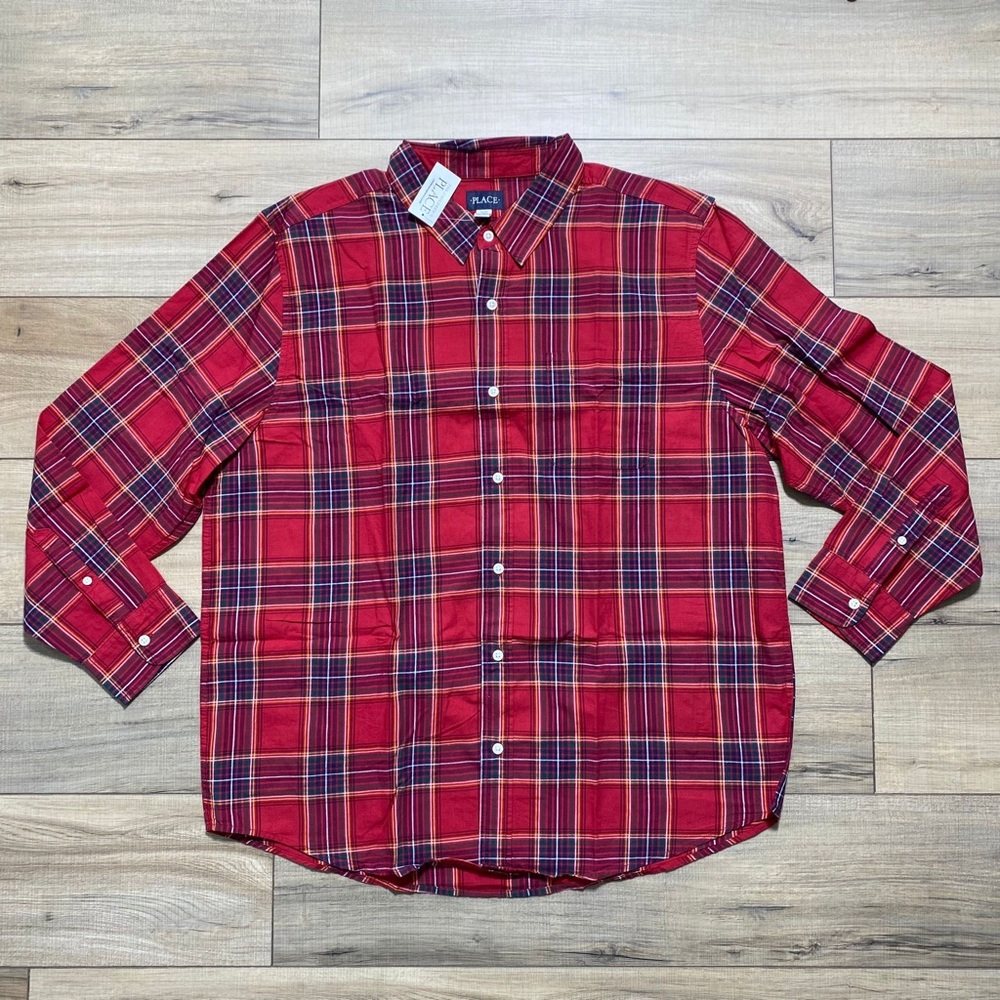 The Children’s‎ Place Mens Button Up Plaid Long Sleeve Shirt Size XL Adult Red